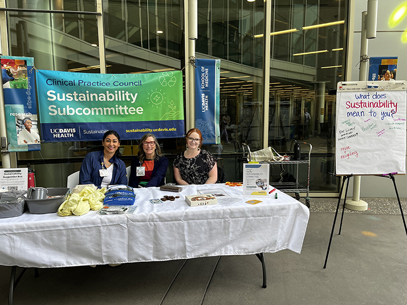 Three people sit at a table under a banner that reads Clinical Practice Council Sustainability Subcommittee