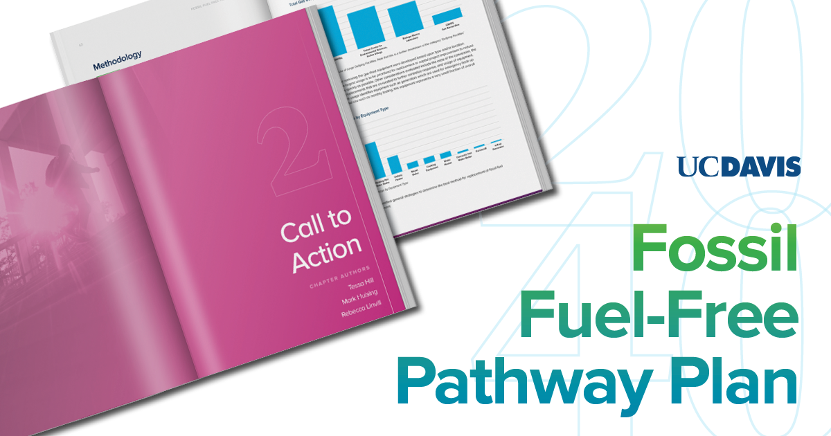 Image of open booklet with 2024 graphic and words including the UC Davis wordmark and Fossil Fuel-Free Pathway Plan.